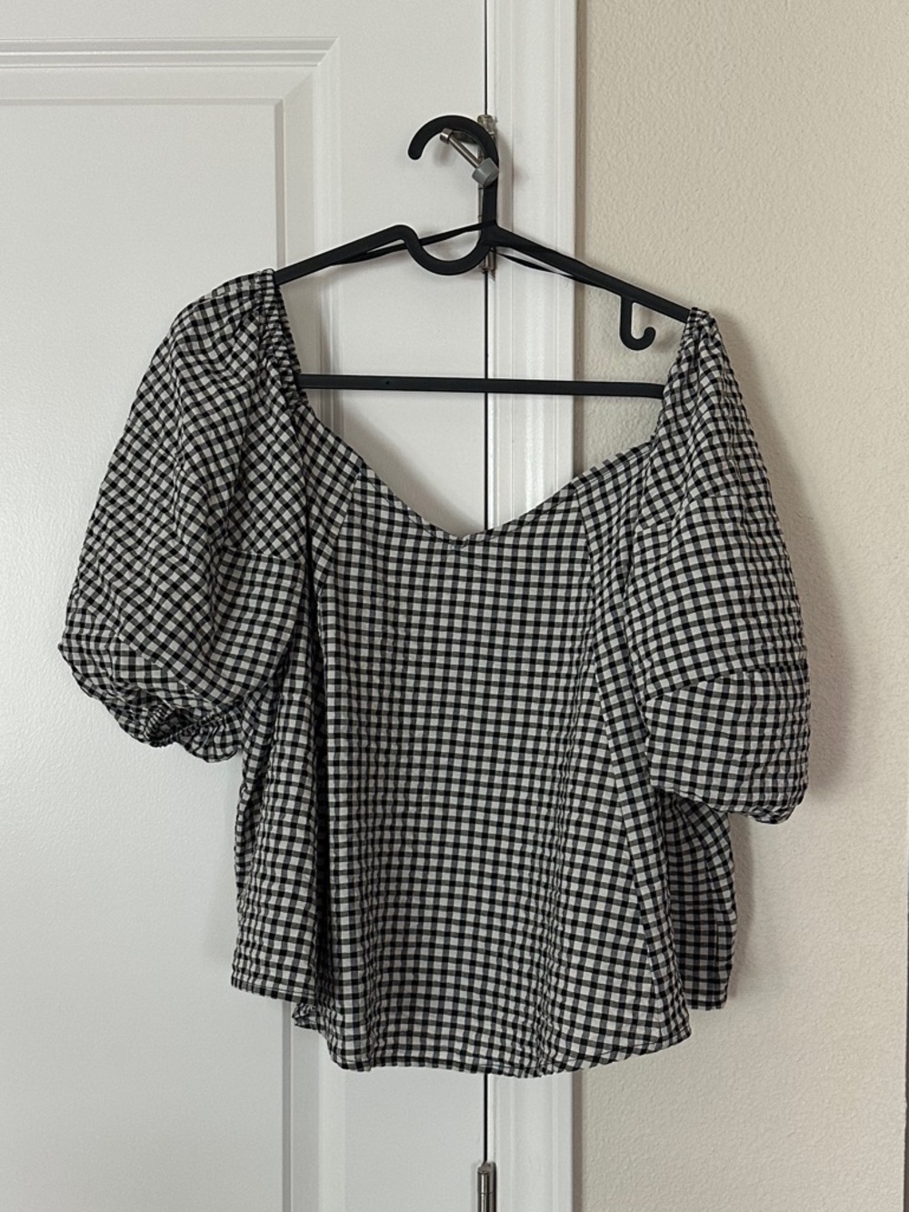 Maeve Black & White Gingham Puff-Sleeve Square Neck Top